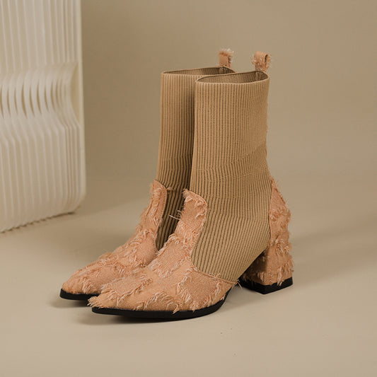 Women's Fringe And Knit Combination Mid-Calf Boots, Boho Chunky Block Heel Ankle Booties, Pointed Toe Slip-On Casual Boots With Raw Cut Edge Detail