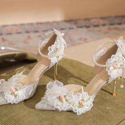 New Pointed Lace Flower Pearl Bow Tie Shoes