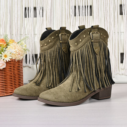 Retro Pointed Plus Size Bootie Ladies Tassel Western Cowboy Boot