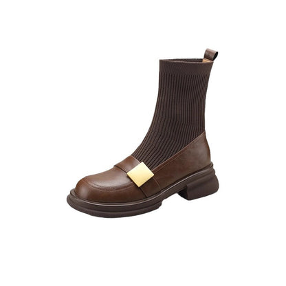Knitted Stretch Chunky Heel Retro Women's Ankle Boots