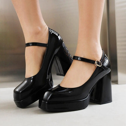 Spring Summer New Women's Shoes Mary Jane High Heels Patent Leather Square Toe