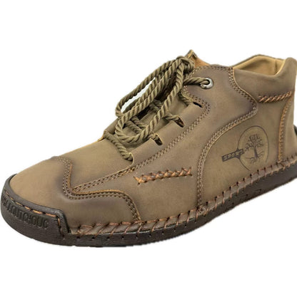 Men's Autumn Sewing High-top Leather Flat Outdoor Work Clothes Casual Shoes
