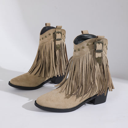 Retro Pointed Plus Size Bootie Ladies Tassel Western Cowboy Boot