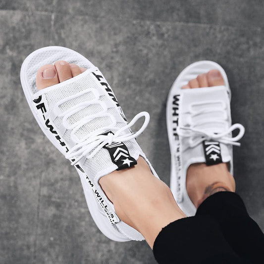 Men Sandals Breathable Shoes Hollow Out Flat Shoes Pull On Sport Outdoor Beach Sandals Shoes Men Roman Shoes Korean Youth Sandals for Men (Available)