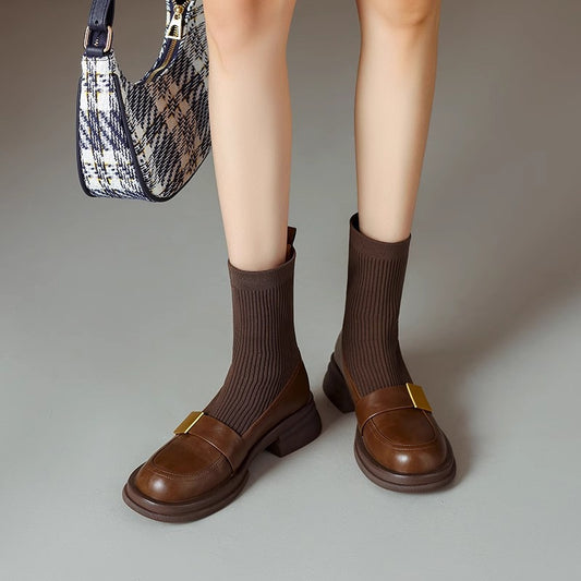 Knitted Stretch Chunky Heel Retro Women's Ankle Boots