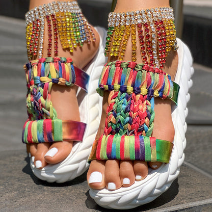 Platform Sandals Summer Braided Knit Hollow Open Toe Slipper Sandals - Anklet Not Included