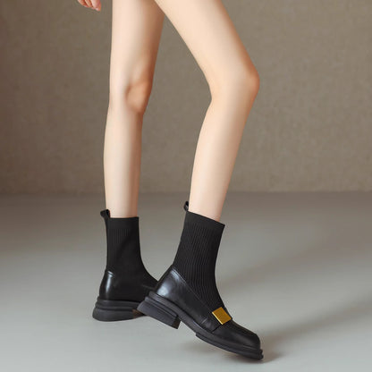 Knitted Stretch Chunky Heel Retro Women's Ankle Boots