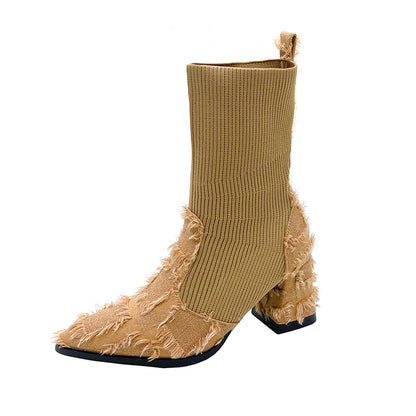 Women's Fringe And Knit Combination Mid-Calf Boots, Boho Chunky Block Heel Ankle Booties, Pointed Toe Slip-On Casual Boots With Raw Cut Edge Detail