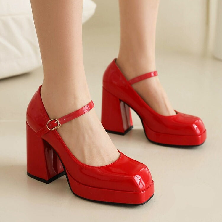 Spring Summer New Women's Shoes Mary Jane High Heels Patent Leather Square Toe
