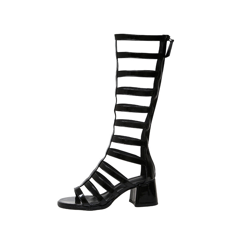 High Hollow-out Round Toe Sandal Boots Chunky Heel High Leg-length Roman Women's Boots