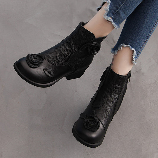 Chunky heel genuine leather ethnic style mid-heel Martin boots, handmade
