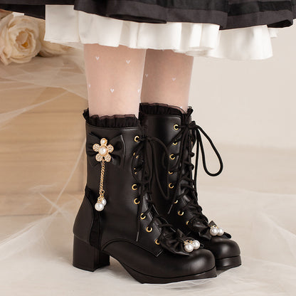 Female Bow Thick Heeled Short Boots Lolita Shoes