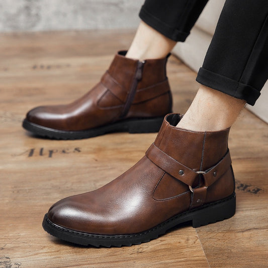 Zipper Pointed British Style High-top Large Size Leather Boots