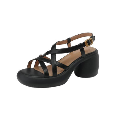 Retro Soft Leather High Heel Sandals For Women Platform Open Toe