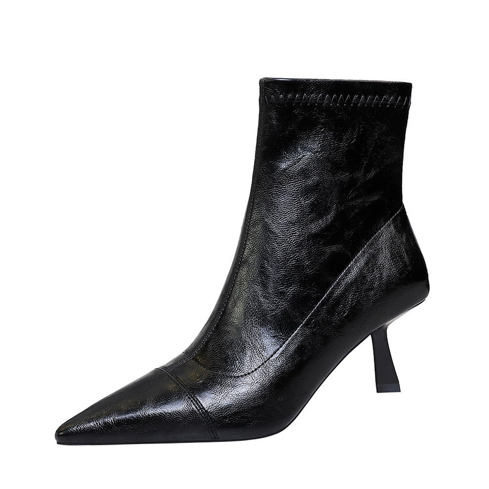 Slim Retro Soft Leather Pointed Toe Bare Single Boots Thin Heel