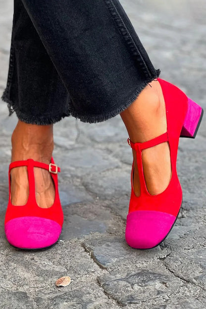 Comfortable Mid Heel Matching T-shaped Buckle With Square Toe Mary Jane Pumps