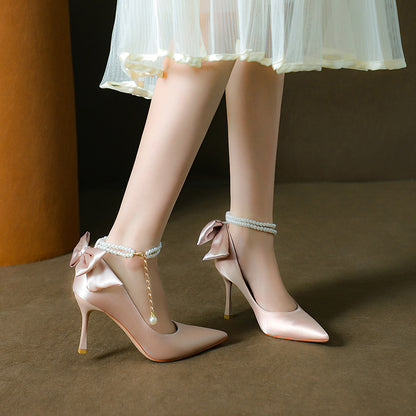 Stiletto Pointed Toe Pearls Strap High Heels