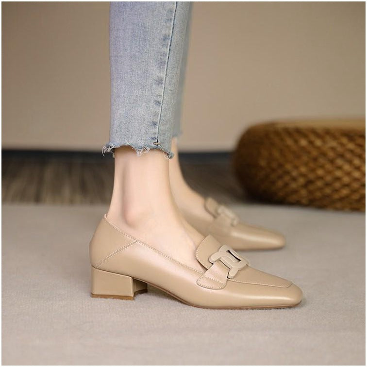 British Style Chunky Heel Pumps One Pedal Loafer Women's Mid Heel