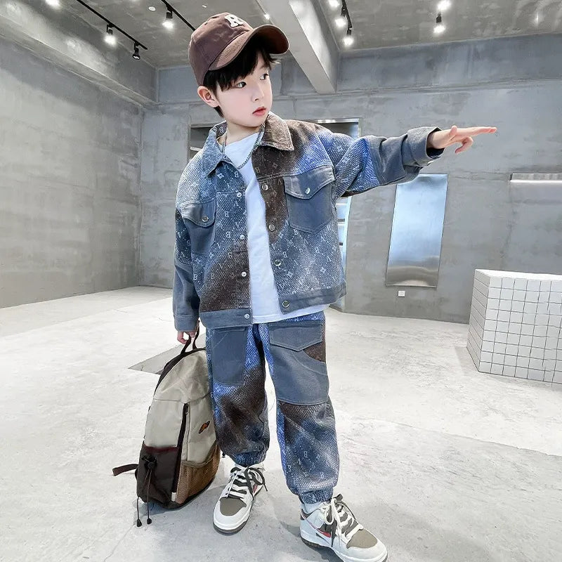 New style medium and large children's handsome street boy style denim two-piece suit