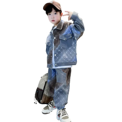 New style medium and large children's handsome street boy style denim two-piece suit