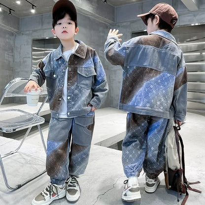 New style medium and large children's handsome street boy style denim two-piece suit