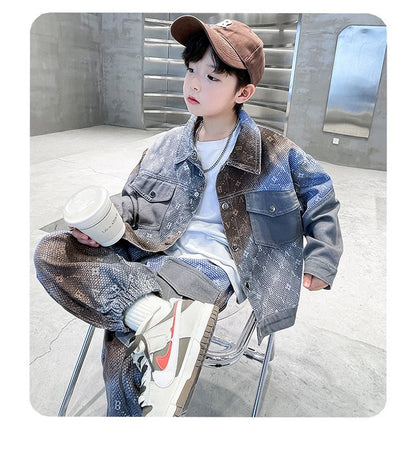 New style medium and large children's handsome street boy style denim two-piece suit