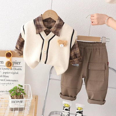 Children's knitted sweater vest cardigan three-piece set boys and girls baby cartoon shirt set