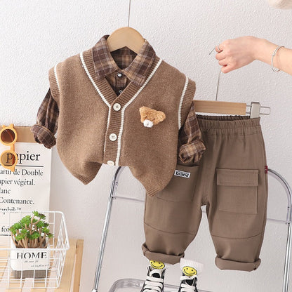 Children's knitted sweater vest cardigan three-piece set boys and girls baby cartoon shirt set