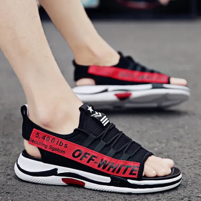 Men Sandals Breathable Shoes Hollow Out Flat Shoes Pull On Sport Outdoor Beach Sandals Shoes Men Roman Shoes Korean Youth Sandals for Men (Available)