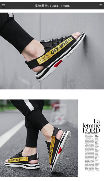 Men Sandals Breathable Shoes Hollow Out Flat Shoes Pull On Sport Outdoor Beach Sandals Shoes Men Roman Shoes Korean Youth Sandals for Men (Available)