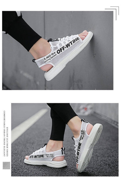 Men Sandals Breathable Shoes Hollow Out Flat Shoes Pull On Sport Outdoor Beach Sandals Shoes Men Roman Shoes Korean Youth Sandals for Men (Available)