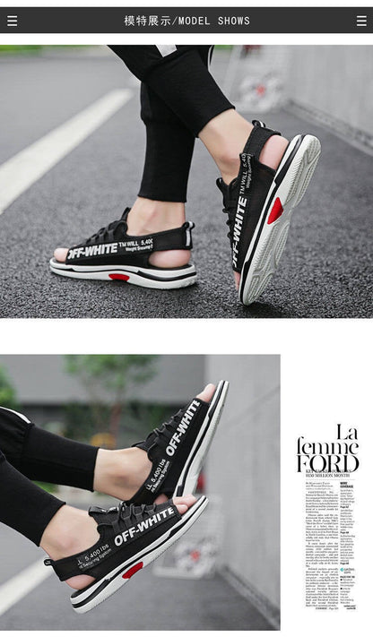 Men Sandals Breathable Shoes Hollow Out Flat Shoes Pull On Sport Outdoor Beach Sandals Shoes Men Roman Shoes Korean Youth Sandals for Men (Available)